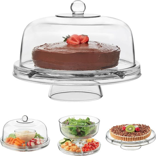 Libbey Selene 6-in-1 Domed Cake Stand, Unique Space Saving Glass Cake Stand with Dome, Multi-Purpose Dip Bowl To Serve Snacks and More
