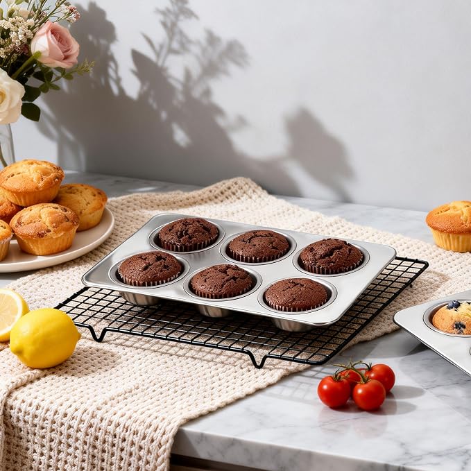 LIANYU 6 Cup Muffin Cupcake Pan, Stainless Steel Muffin Tin Mold for Baking Cup Cake, Brownie, Regular Size Metal Muffin Baking Tray, Oven & Dishwasher Safe