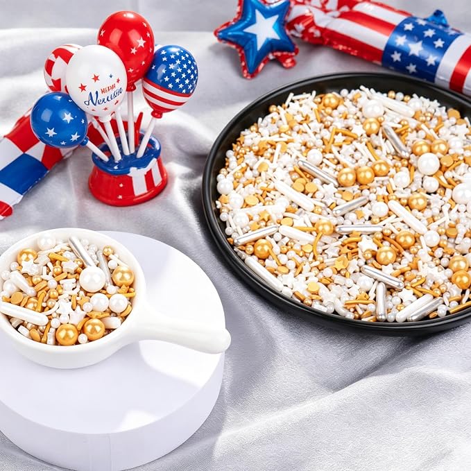 Gold and White Deluxe Sprinkles for Cake Decorating, Edible Sprinkles Mixed Sizes and Shapes Pearl and Star Sugar Metallic Sprinkles for Baking, Cookies, Ice Cream, Macarons and Cupcake Toppings
