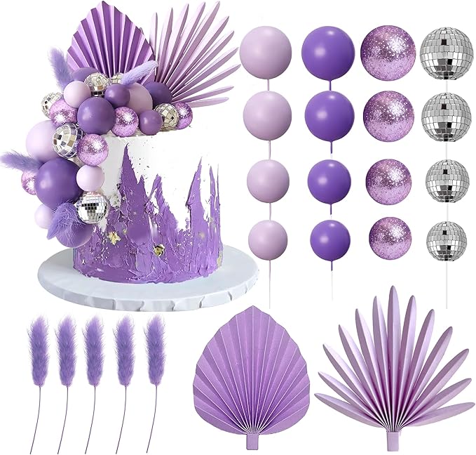 38 PCS Balls Cake Toppers Palm Leaves Cake Decorations for Birthday Wedding Baby Shower Party Supplies (Purple)