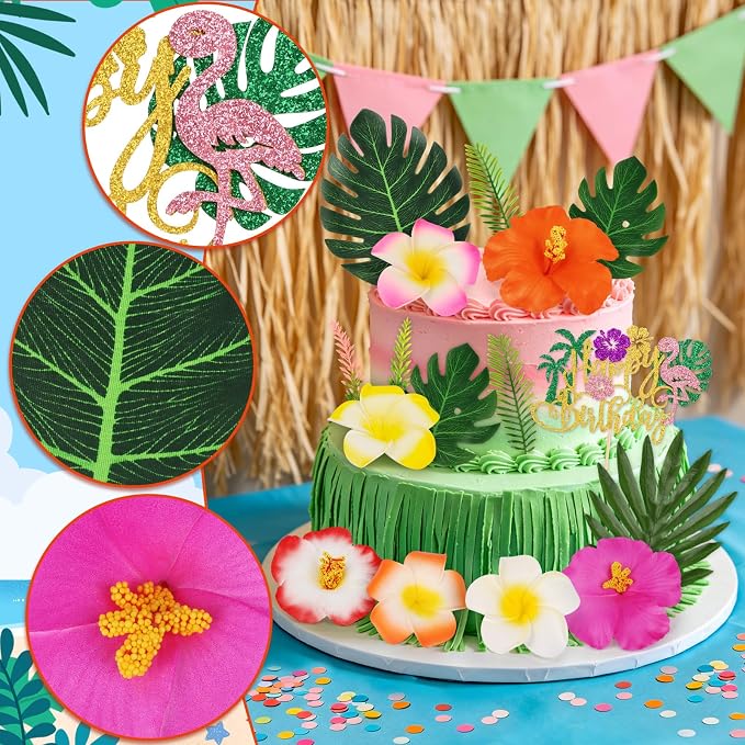 16PCS Hawaiian Flower Cake Topper Tropical Cake Decorations with Palm Leaves Flowers Hawaiian Cake Decorations for Summer Pool Beach Luau Tropical Birthday Party Supplies