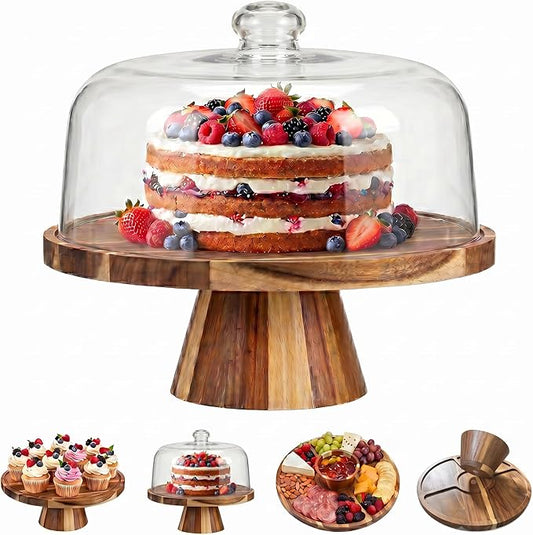 Acacia Wood Cake Stand with Lid - 11.4” Wooden Cake Stand with Dome & Magnetic Base, Cupcake Stand for Birthday Parties & Gatherings, Premium Clear Acrylic Lid for Dessert Display(Magnetic)