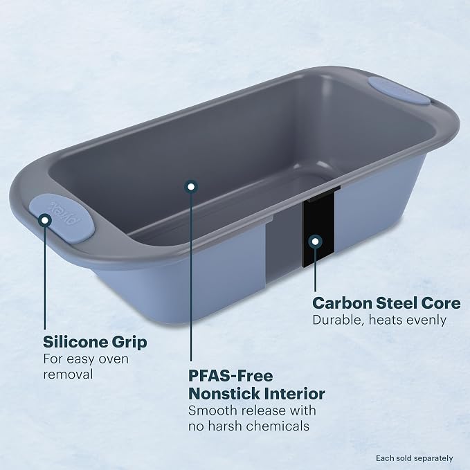 Pyrex 3-Piece Metal Cookie Sheet Bakeware Set, Lightweight Stainless Steel Baking Trays with Heatsafe Silicone Handles, Cookie Sheet Baking Pan, Cerulean