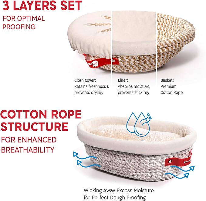 KneadAce Sourdough Kit, Sourdough essentials tools including round & oval proofing basket, round & oval bread sling, bread lame, bench scraper and baker's brush set and dough wand