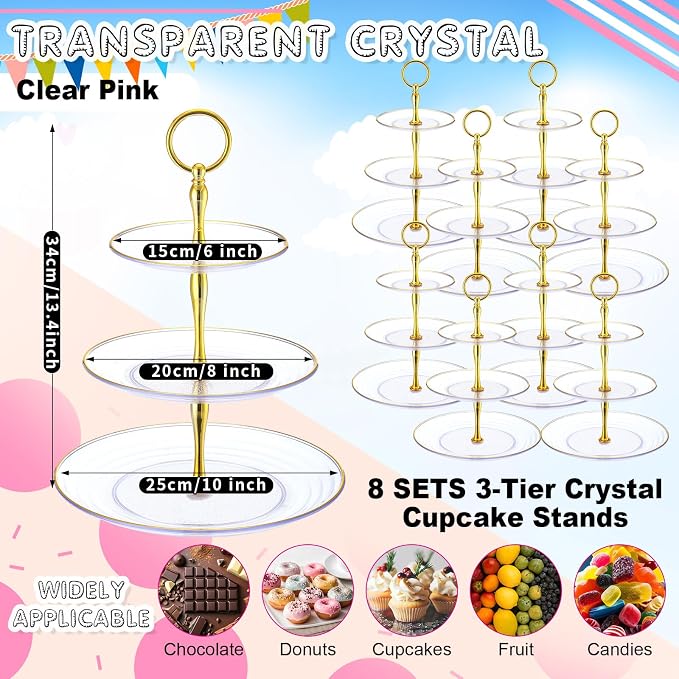 Teenyyou 8 Pack 3 Tier Cupcake Stand Bulk Tiered Dessert Stand Thick Plastic Serving Tray with Gold Edges Dessert Table Display Set Tea Cake Holder for Wedding Birthday Party(Clear,Round)
