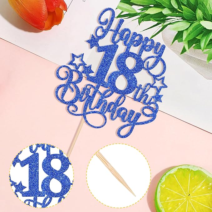 1 PCS Happy 18th Birthday Cake Topper Glitter Cheers to 18 Years Birthday Cake Pick Hello 18 Fabulous Cake Decoration for Happy 18th Birthday Anniversary Party Decorations Supplies Blue