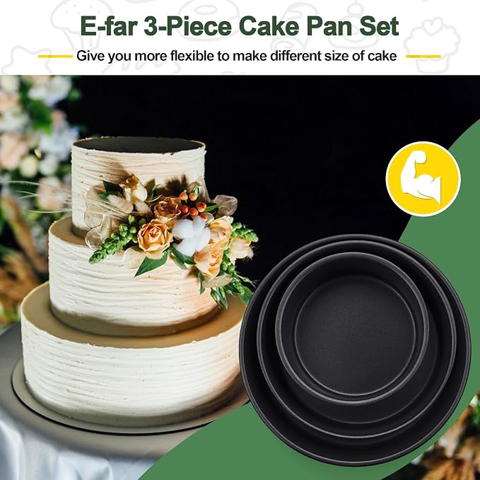 E-far Cake Pan Set of 3 (6 inch/8 inch/9½ inch), Nonstick Round Baking Cake Pans for Tier Birthday Wedding Cake, Stainless Steel Core & Non-Toxic Coating, 2 Inch Deep (Black)