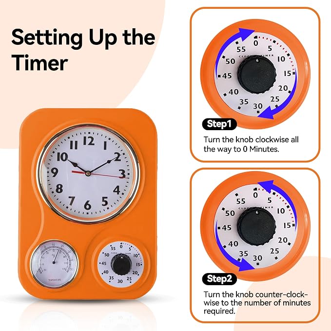Lily's Home - 9.5 Inch x 12.5 Inch - Retro Kitchen Wall Clock, Vintage Wall Clock with a Thermometer and 60-Minute Timer, Ideal for Any Kitchen, Office, or Diner (Orange)