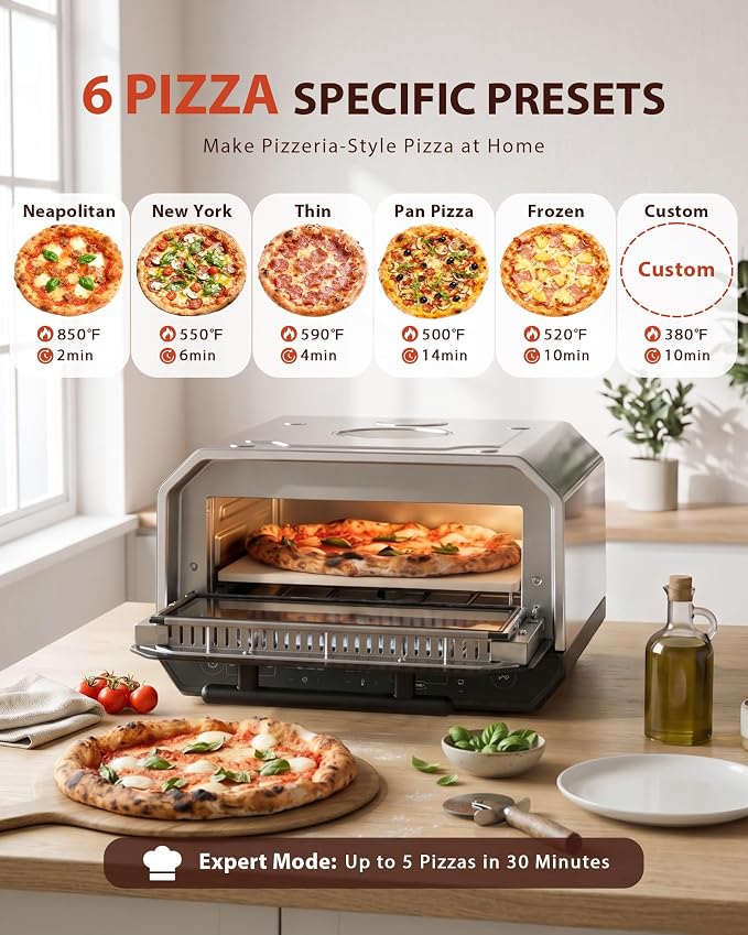 13-in-1 Countertop Pizza Oven, 90-Second 12 Inch Pizza, up to 850°F, 6 Presets & 6 Bake Modes, PID Control, Expert Mode Makes 5 in 30 Min for Home Pizzeria, Top Window & On-Demand Light, Silver
