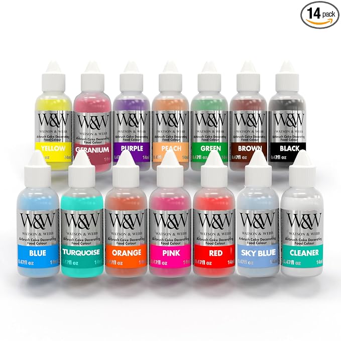 Airbrush Food Coloring Set - 13 x .35 fl.oz Bottles - Gluten Nut & Lactose Free. Vegan - Non-Clogging Edible Paints for Decorating Cupcakes, Sweets, Chocolate, Cakes, Donuts, Cookies & Biscuit Bakes.
