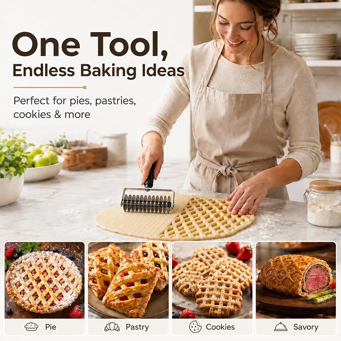 Pastry Lattice Roller Cutter, Stainless Steel Multi-Wheel Dough Cutter with Comfortable Grip Handle, Pie Crust Strip Cutters for Pastry, Pizza Dough, Bread & Beef Wellington