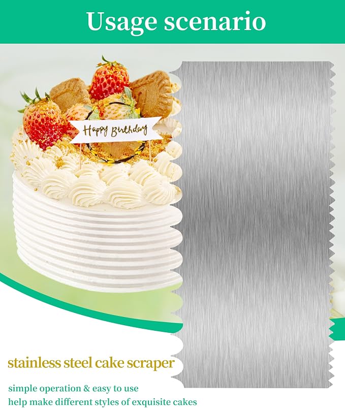 Cake Scraper Smoother Cake Decorating Supplies Kit 8.6 Inch Metal Bench Scraper for Baking Buttercream Smoother Stainless Steel Frosting Cake Comb Edge Side Jagged Comb for Cream Cake-4