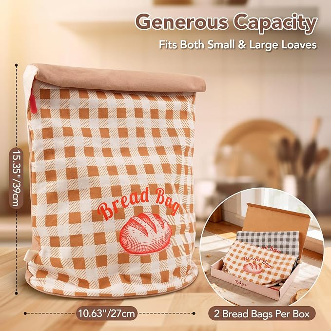 Reusable Beeswax Bread Bags for Homemade Sourdough Bread Keep Fresh | Upright Base, Zipper Access, Adjustable Roll-Top, Portable Natural & Safe Storage Sourdough Bread Bags, Home Essentials,2 pcs