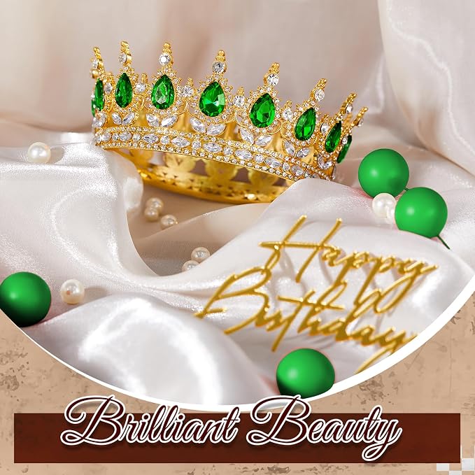 8 Pcs Gold and Green Queen Crown Birthday Cake Topper for Women Rhinestone Crystal Tiara Wedding Happy Birthday Cake Decoration Foam Balls Decor for Queen Princess Party Photo Props