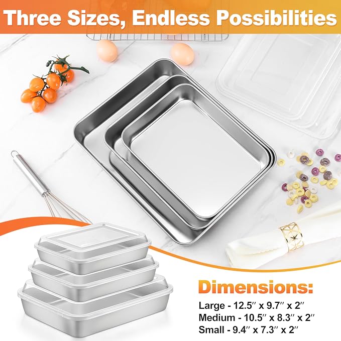 Herogo Cake Pan with Lid (3 Pans + 3 Lids), 9.4/10.5/12.4 Inch Rectangle Stainless Steel Baking Set Multisizes, for Brownies Casseroles Cakes, Dishwasher Safe