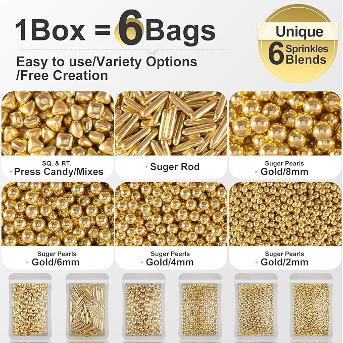 HUEBEATY® 6-in-1 Metallic Gold Dragees Sprinkles for Cake Decorating, Cupcakes & Cookies | 180g/6.36oz | Birthdays, Weddings, Holiday, Christmas Fancy Gold Cake Candy Pearls Sprinkles and Decorations