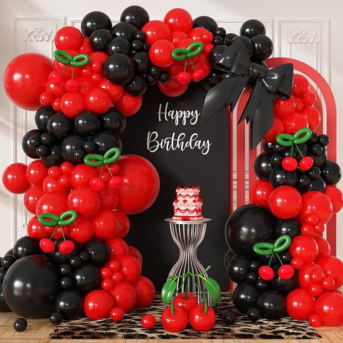 164Pcs Red and Black Balloon Arch Kit, Red Black Cherry Balloons for Women Birthday Girl Night Bachelorette Bridal Baby Shower Mother's Day Graduation Cherry Themed Party Decorations