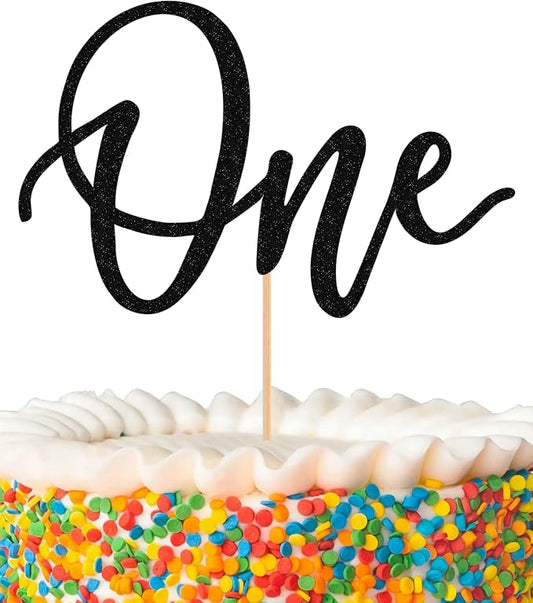 MYAMPED First Birthday Cake Topper - Glitter Black One Sign 1st Birthday Cake Decorating Supplies, Suitable for Baby Shower Favors, Birthday Party or Photo Booth Props