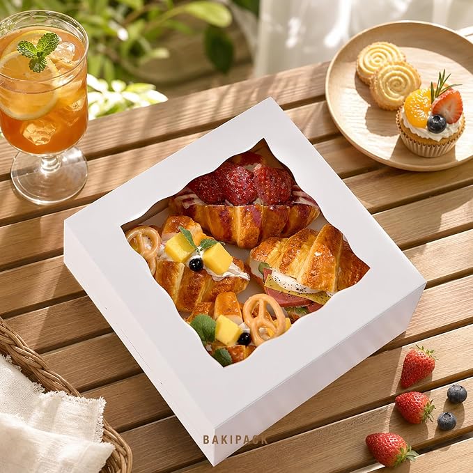 25 White Bakery Boxes with Window, 8x8x4 Inches Cake Boxes with Window, Treat Boxes for Pastry, Cupcake, Cookies, Muffins, Pie