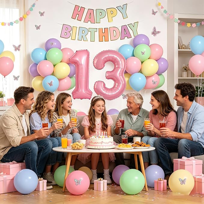 13th Birthday Decorations For Girls -12 Inch Pastel Balloons, 32 Inch Pink 13 Balloon, 3D Butterflies Stickers, Happy Birthday Banner For Teen Girl 13th BD Decorations