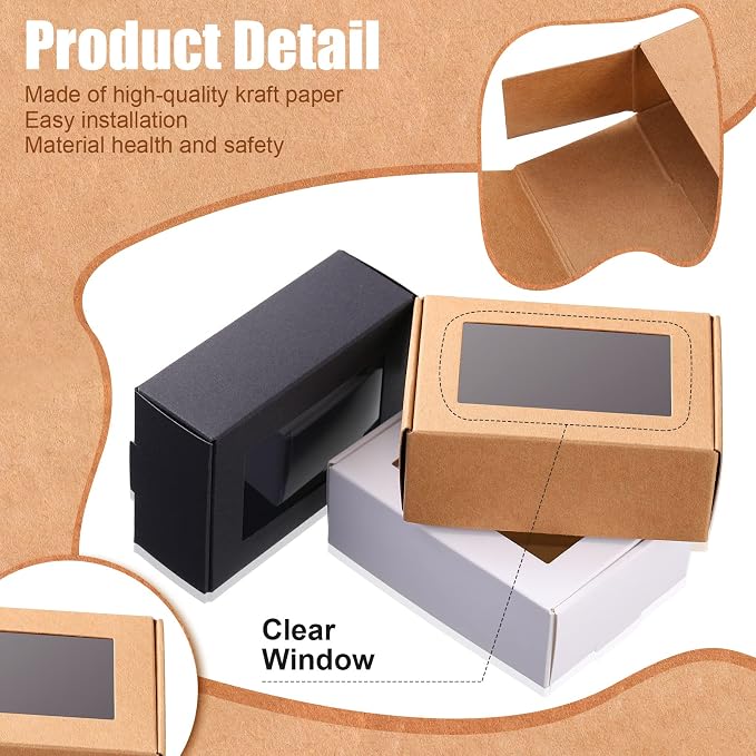 Zonon 30 Pcs Soap Boxes for Homemade Packaging, Mini Kraft Boxes with Window for Bakery Candy Soap Making Gift Packaging, 3.7x2.6x1.4 Inch (Black Brown White)