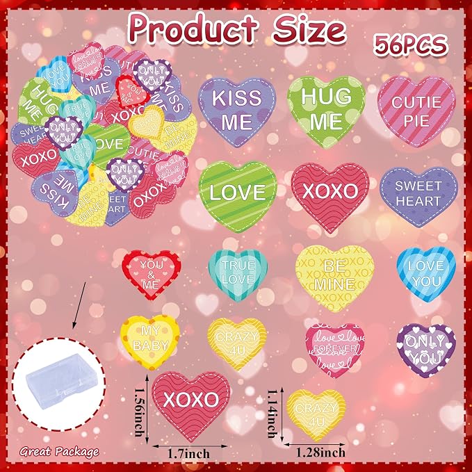 56PCS Edible Heart Cupcake Toppers Wafer Paper Sweet Love Be Mine Kiss Me Heart Cupcake Picks Colorful Heart Cake Decor for Valentine's Day Theme Party Decoration Supplies