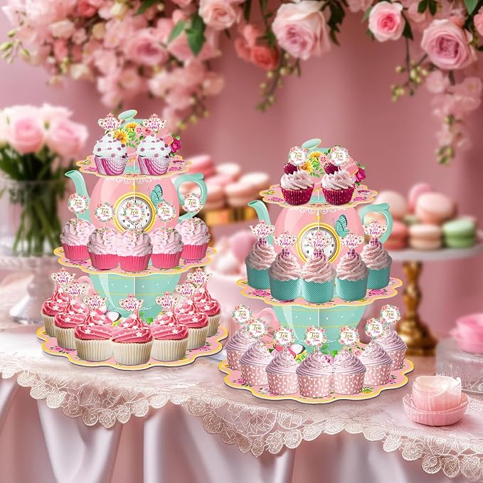 2 Pack Tea Party Cupcake Stands Birthday Decorations: 3-Tier Floral Afternoon Tea Time Theme Dessert Holder Cake Toppers for Adults Girls Kids Baby Bridal Shower Vintage Garden Princess Party Favors
