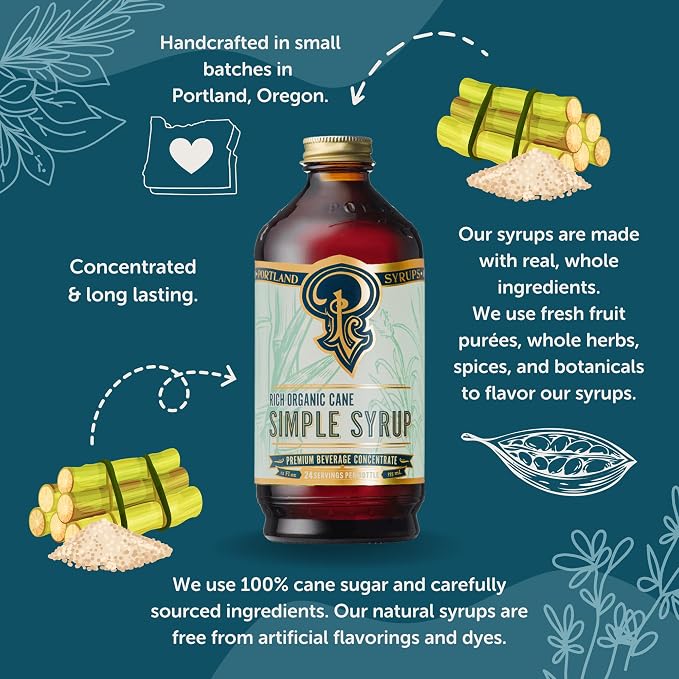 Portland Syrups Organic Cane Simple Syrup - Drink Mix for Exceptional Cocktails, Sugar for Drinks, for Coffee, Mocktails, Baking, 12 oz, 24 Servings - Pack of 1
