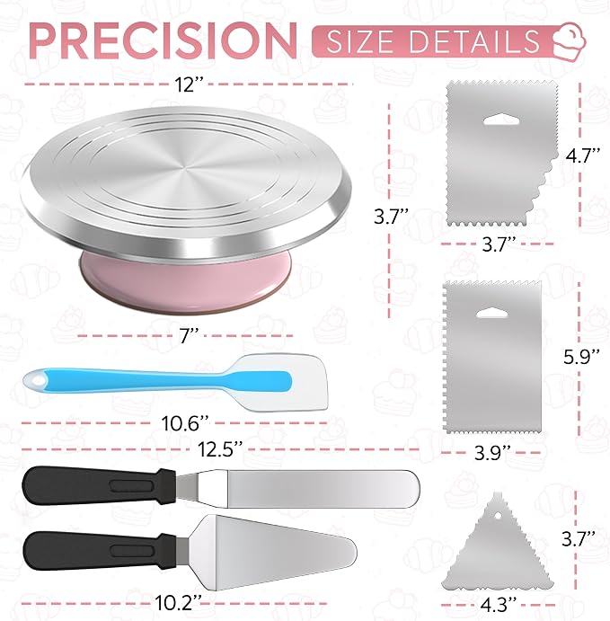 Riccle Rotating Cake Stand – 12" Aluminium Alloy Revolving Cake Turntable | Cake Decorating Kit with Offset Spatula, Icing Smoother Scrapers, Silicone Spatula & Cake Server | Cake Decorating Supplies Set