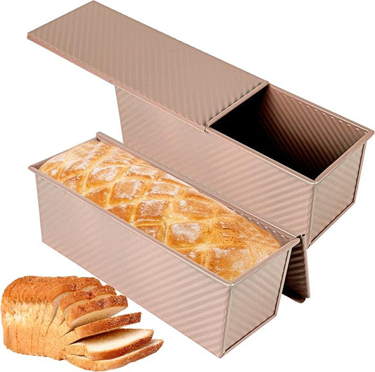 2-pack 2.2lb Aluminized Steel Gold Pullman Loaf Pan with Lid, Premium Non-Stick Coating Bread Pan, PFTE and PFOA-Free, Safe and Healthy Baking for Homemade Bread with Family-sized Recipes