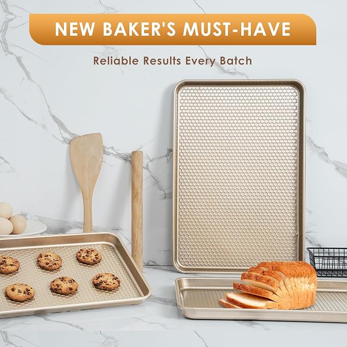 Baking Sheet Pan Set of 3, Nonstick Carbon Steel Cookie Sheets with Texture | Commercial Half/Quarter/Jelly Roll Pans Replacement Toaster Oven Tray, Heavy Duty & Easy Clean, Champagne Gold