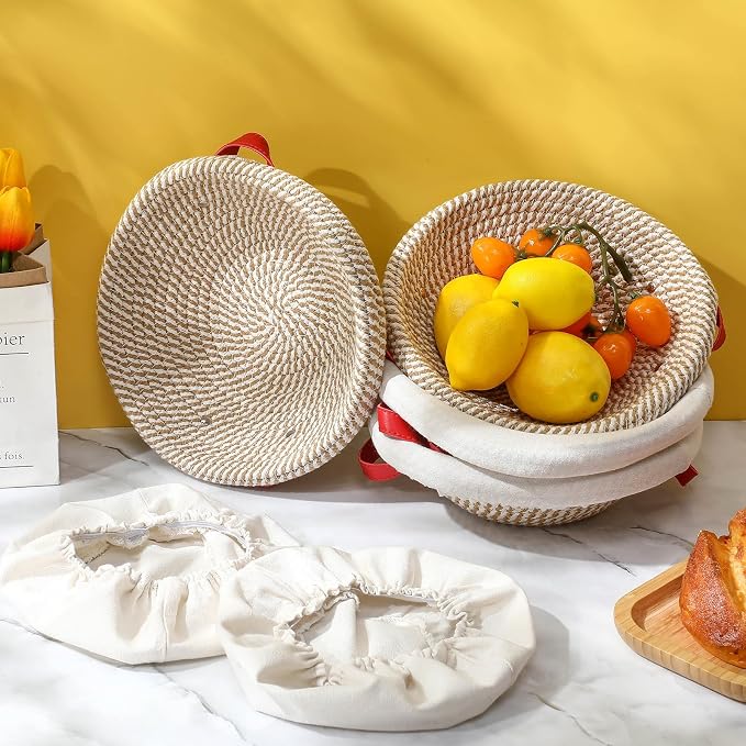 Gejoy 4 Pcs 9.1 Inch Cotton Rope Banneton Bread Proofing Basket Set Round Bread Baskets with Liners & Covers Proofing Baskets for Sourdough Baking with 4 Strickle for Home Bakers Wife (Yellow, White)