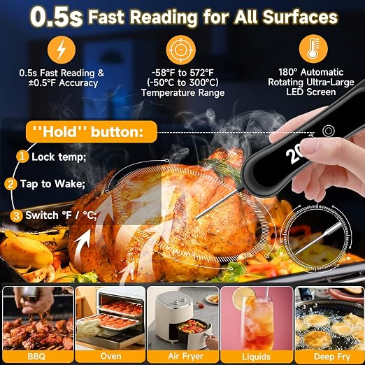 Food Thermometer Digital, Instant Read Meat Thermometer with Backlight & Foldable Probe, Waterproof Kitchen Cooking Thermometer for Grill, BBQ, Deep Fry, Candy, Milk, Coffee