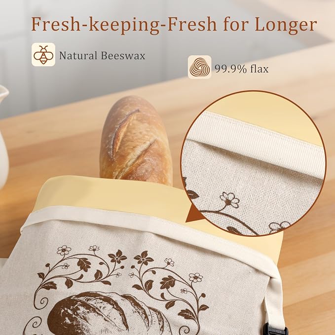 2 Pack Natural Beeswax Coated Linen Bread Bags, Reusable Fresh Keeping Bags for Sourdough & Baguette, Freezable Portable Bread Storage Container 17×12.6 Inch