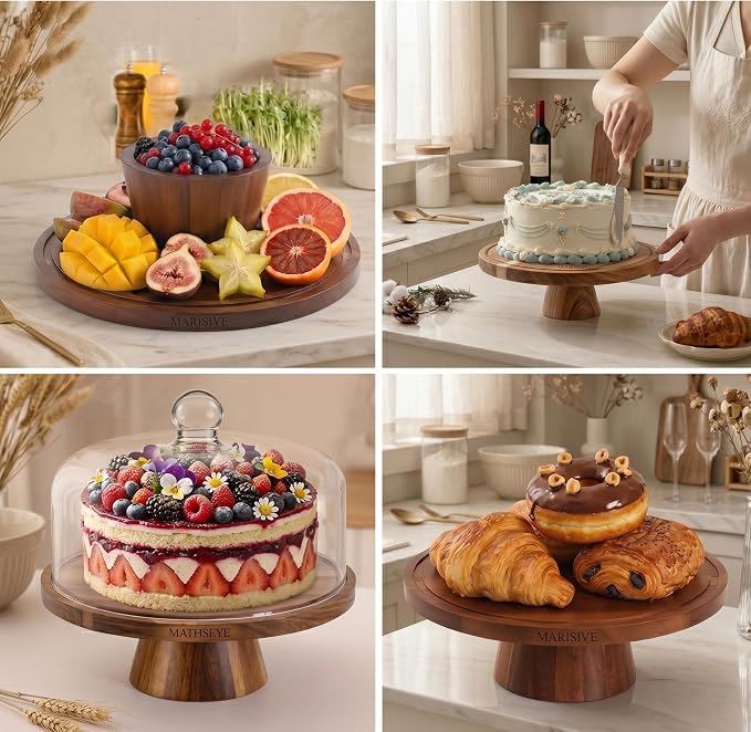 2026 Upgraded Cake Stand with Lid, 11.8 Inch Rotating Dessert Display Stand, Borosilicate Glass Dome and Wooden Base, Cake Holder Serving Platter for Kitchen, Party, Wedding