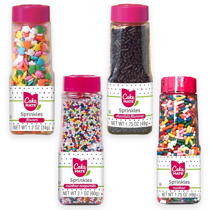 Cake Mate Holiday Christmas Sprinkles 4-Pack – Rainbow Nonpareils, Chocolate Flavored, Flower Decors & Rainbow Jimmies – Festive Dessert Toppers for Cookies, Cakes & Cupcakes