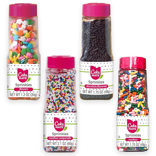 Cake Mate Holiday Christmas Sprinkles 4-Pack – Rainbow Nonpareils, Chocolate Flavored, Flower Decors & Rainbow Jimmies – Festive Dessert Toppers for Cookies, Cakes & Cupcakes