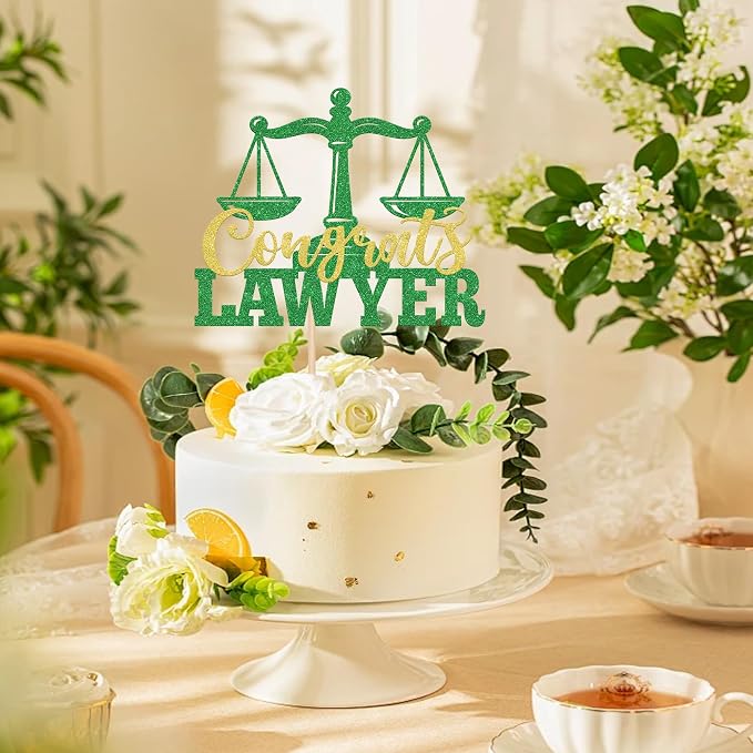 1 Pack Congrats Lawyer Cake Topper Glitter Class of 2026 Law School Survivor Cake Pick 2026 Graduation Cake Decorations for 2026 Lawyer Graduation Party Supplies Green Gold