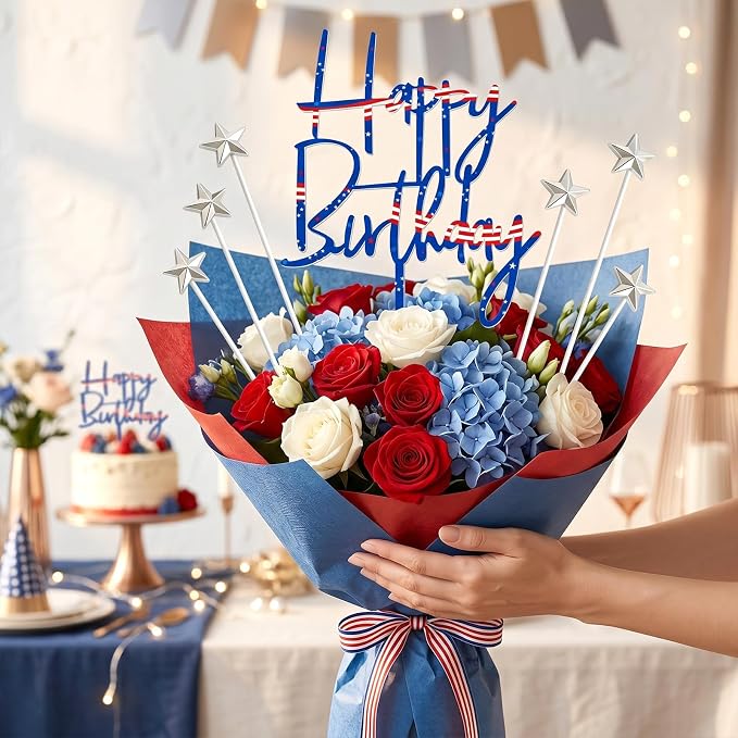 Happy 18th Birthday Cake Toppers, Patriotic Themed Acrylic Cake Decorations with 5pcs Star for Boys Girls Men Women Birthday Anniversary Party Decor Supplies