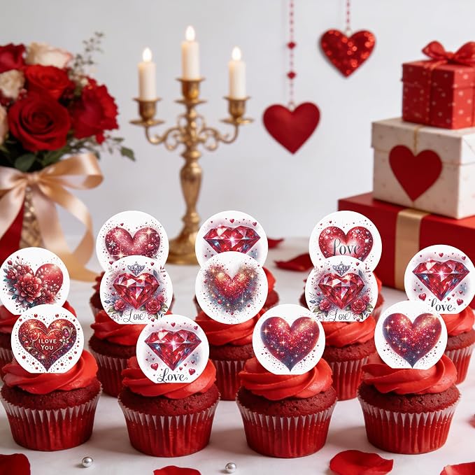 36PCS Edible Red Heart Cupcake Toppers Wafer Paper Sweet Love Be Mine Kiss Me Heart Cupcake Picks Valentine’s Cake Decor for Valentine's Day Theme Wedding Party Supplies
