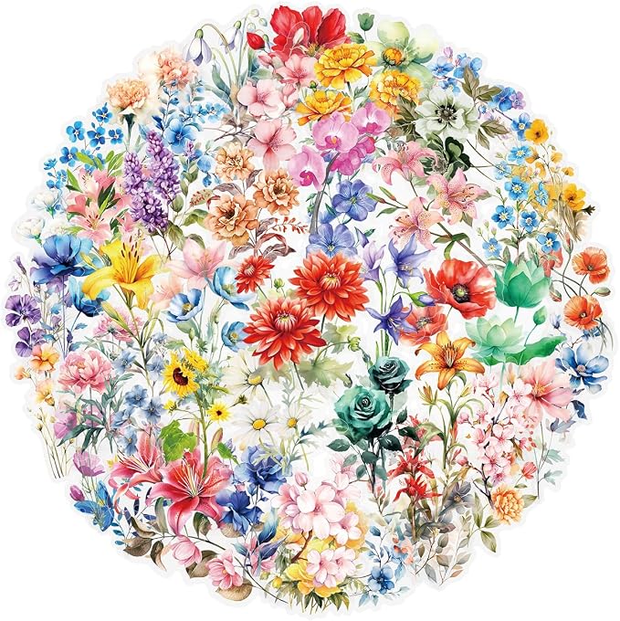 Transparent Watercolor Floral Stickers - 50PCS Aesthetic Flower Stickers Waterproof PET Decals for Journaling, Scrapbooking, Water Bottles, Laptops, Perfect for Plant Lovers & Craft Enthusiasts