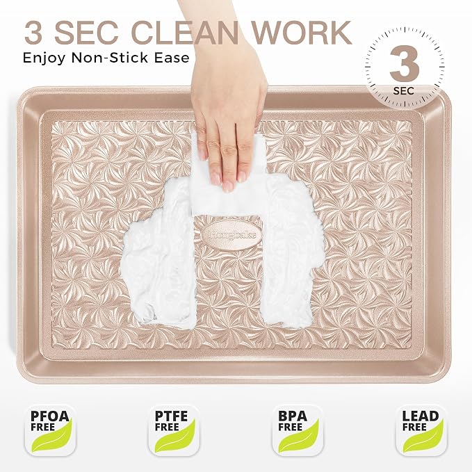 HONGBAKE Nonstick Baking Sheet Pan Set of 3, Cookie Sheets for Oven, Non-Toxic Half/Quarter/Jelly Roll Pans with Floral Swirl Texture, Heavy Duty 0.8mm Thick Oven Trays for Cooking, Champagne Gold