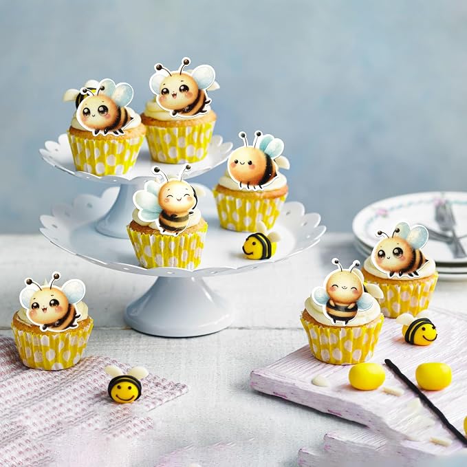 60 PCS Edible Bumble Bee Cupcake Toppers Waper Paper Honey Bee Party Cake Decorations Edible Oh Babee Cupcake Picks for Bee Theme Baby Shower Kids Boys Girls Birthday Party Food Decorations Supplies