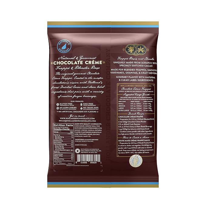 Hollander Chocolate Creme Powder & Frappe Blender Base | Gluten-Free, GMO-Free, Corn Syrup-Free | 2.5 lb Bag