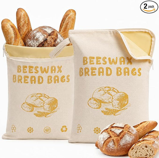 2 Pack Beeswax Bread Bags for Sourdough, Reusable Bread Bag with Wide Zipper, 16×12 Inch Large Capacity Cotton Bread Storage Bags for Homemade Bread Freezer-Friendly & Freshness Preservation