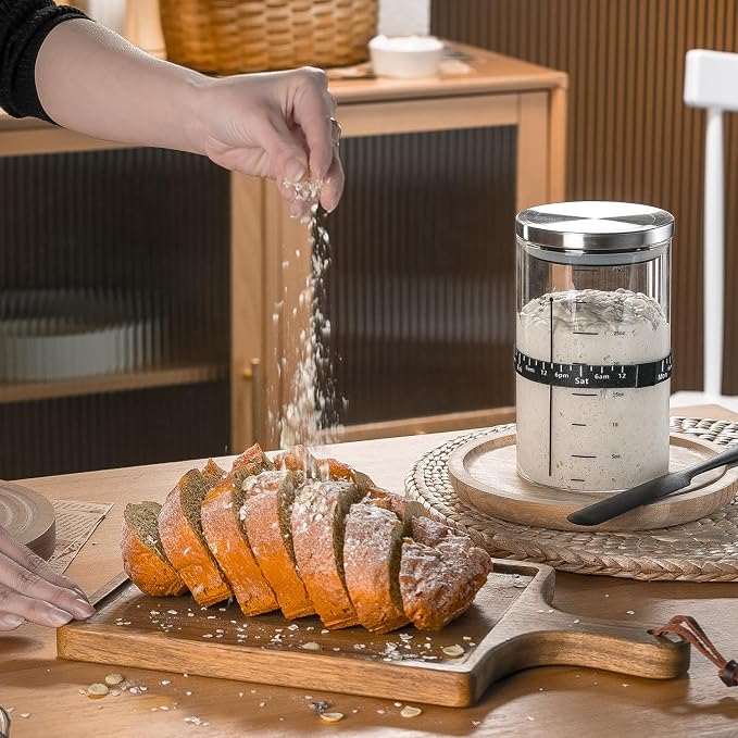 Wissy&Konny Sourdough Starter Jar,2PACK 35OZ Wide Mouth with Ounce Scale line,Date Marked Feeding Band, Thermometer, Sourdough Jar Scraper, Cloth Cover & Stainless Steel Lid Sourdough Starter Kit