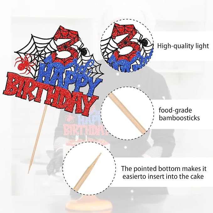 1 PCS Happy 3rd Birthday Cake Topper Glitter Spider Web Cheers to 3 Years Third Birthday Cake Pick Superhero Spider Party Decorations for Boys Girls Happy 3rd Birthday Party Cake Decorations Supplies