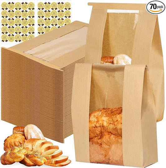 Sublaga Bread Bags with Tin Tie Tab Lock, 70 Pack Large Kraft Paper Sour Dough Bag for Homemade Bread Sourdough Bags 14" x 8.3" x 3.5" for Treat Packaging Storage Gift Giving with 75 Pcs Seal Sticker