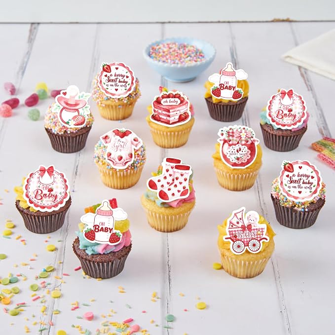 63 PCS Edible Baby Shower Cupcake Toppers Wafer Paper Berry Sweet Strawberry Cupcake Picks Edible Oh Baby It's a Girl Cake Decorations for Gender Reveal Baby Shower Girls Birthday Party Supplies Red