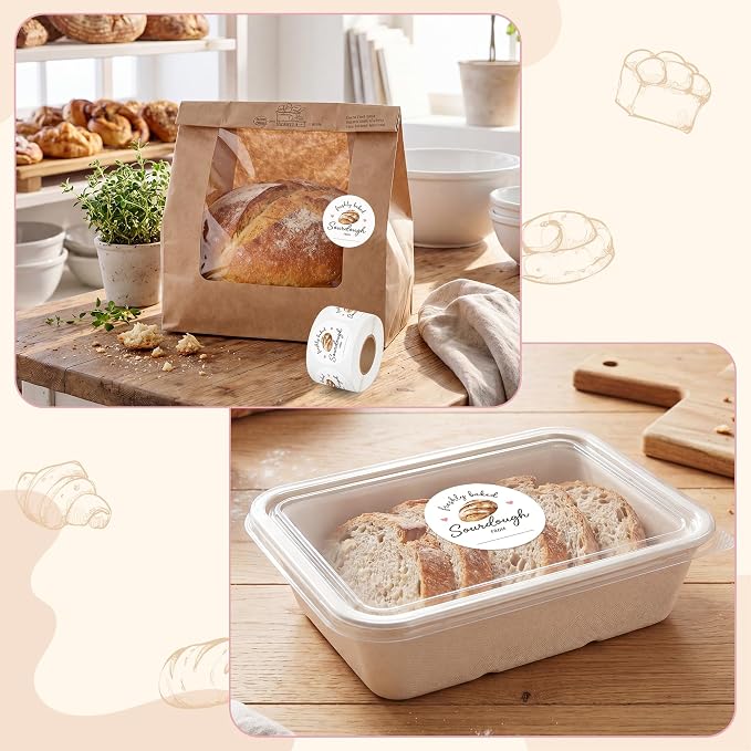 PANTIDE Freshly Baked Sourdough Labels Stickers - 500 Count Baked with Love Bakery Bread Adhesive Round Decal Roll, for Homemade Bread Bakery Small Business Sealing Food Packaging (2 x 2 Inch, White)